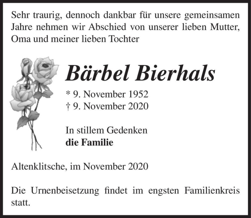  Traueranzeige für Bärbel Bierhals  vom 14.11.2020 aus Magdeburger Volksstimme