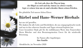 Traueranzeige von Bärbel Bierhals und Hans-Werner Bierhals  von Magdeburger Volksstimme
