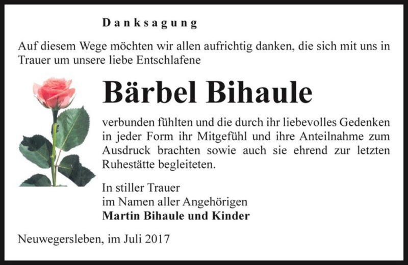  Traueranzeige für Bärbel Bihaule  vom 22.07.2017 aus Magdeburger Volksstimme