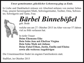 Traueranzeige von Bärbel Binnebößel geb. Bode  von Magdeburger Volksstimme