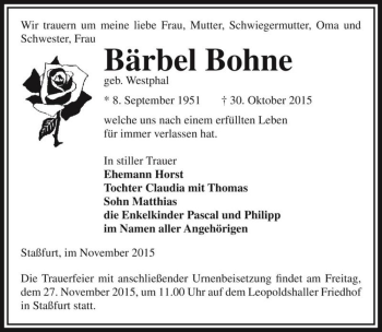 Traueranzeige von Bärbel Bohne (geb. Westphal)  von Magdeburger Volksstimme