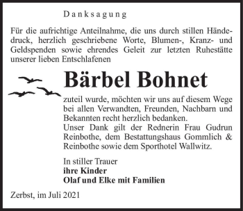 Traueranzeige von Bärbel Bohnet  von Magdeburger Volksstimme