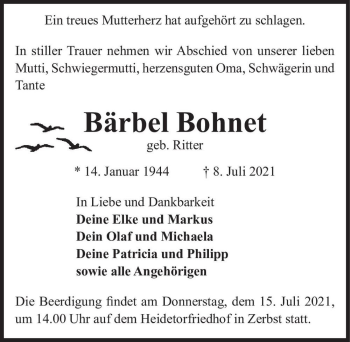 Traueranzeige von Bärbel Bohnet (geb. Ritter)  von Magdeburger Volksstimme