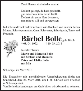 Traueranzeige von Bärbel Bolle (geb. Blech)  von Magdeburger Volksstimme
