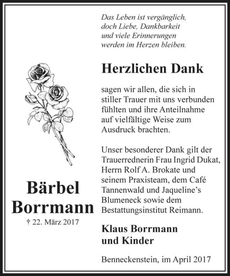  Traueranzeige für Bärbel Borrmann  vom 15.04.2017 aus Magdeburger Volksstimme