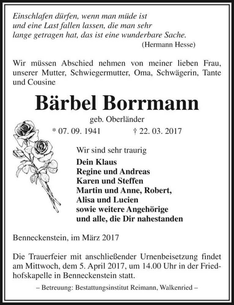  Traueranzeige für Bärbel Borrmann (geb. Oberländer)  vom 29.03.2017 aus Magdeburger Volksstimme