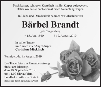 Traueranzeige von Bärbel Brandt (geb. Ziegenberg)  von Magdeburger Volksstimme