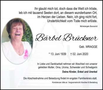Traueranzeige von Bärbel Brüchner (geb. Wragge)  von Magdeburger Volksstimme