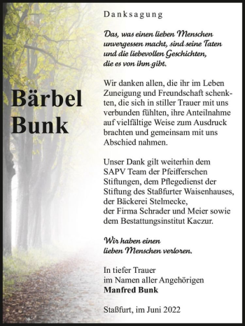Traueranzeige von Bärbel Bunk  von Magdeburger Volksstimme