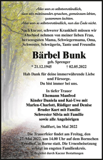Traueranzeige von Bärbel Bunk (geb. Sprenger)  von Magdeburger Volksstimme