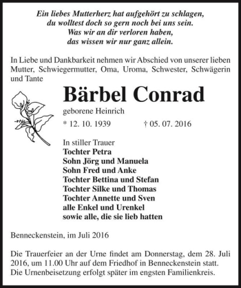 Traueranzeige von Bärbel Conrad (geb. Heinrich)  von Magdeburger Volksstimme