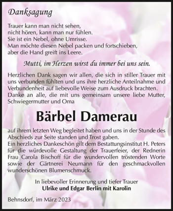 Traueranzeige von Bärbel Damerau  von Magdeburger Volksstimme