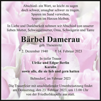 Traueranzeige von Bärbel Damerau (geb. Thesenvitz)  von Magdeburger Volksstimme