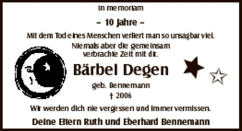  Traueranzeige für Bärbel Degen (geb. Bennemann)  vom 08.11.2016 aus Magdeburger Volksstimme
