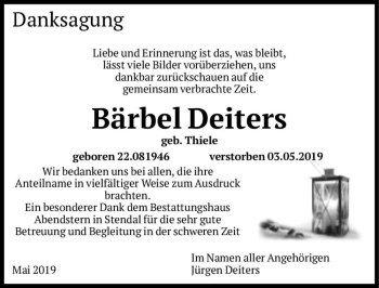Traueranzeige von Bärbel Deiters (geb. Thiele)  von Magdeburger Volksstimme