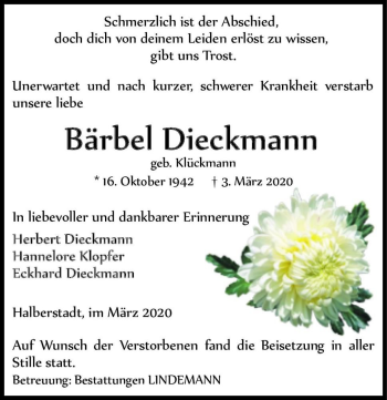 Traueranzeige von Bärbel Dieckmann (geb. Klückmann)  von Magdeburger Volksstimme