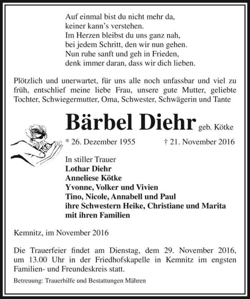  Traueranzeige für Bärbel Diehr (geb. Kötke)  vom 24.11.2016 aus Magdeburger Volksstimme