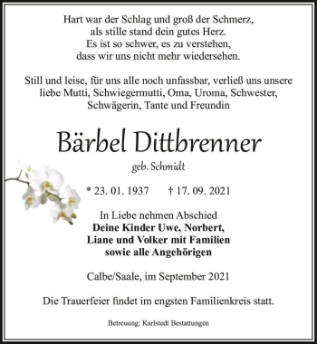 Traueranzeige von Bärbel Dittbrenner (geb. Schmidt)  von Magdeburger Volksstimme