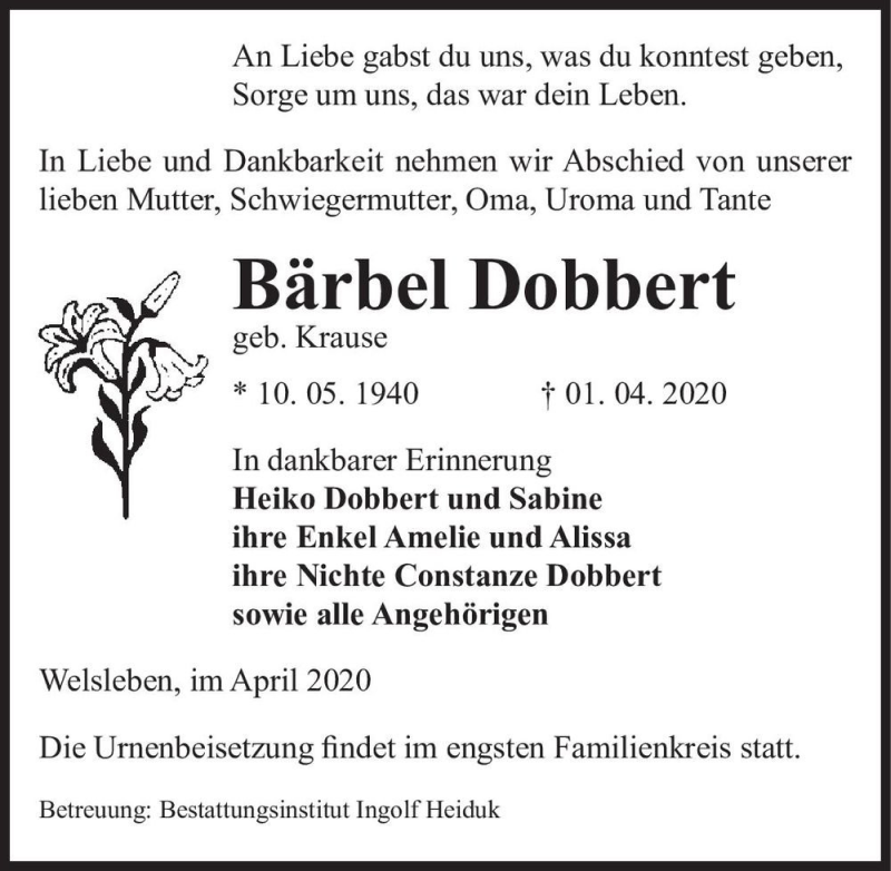  Traueranzeige für Bärbel Dobbert (geb. Krause)  vom 04.04.2020 aus Magdeburger Volksstimme
