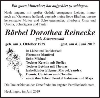 Traueranzeige von Bärbel Dorothea Reinecke (geb. Schwarzwald)  von Magdeburger Volksstimme