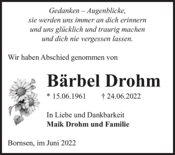 Traueranzeige von Bärbel Drohm  von Magdeburger Volksstimme
