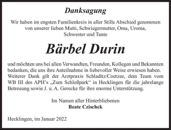 Traueranzeige von Bärbel Durin  von Magdeburger Volksstimme