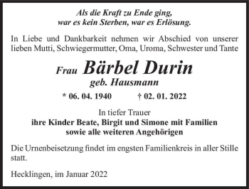 Traueranzeige von Bärbel Durin (geb. Hausmann)  von Magdeburger Volksstimme