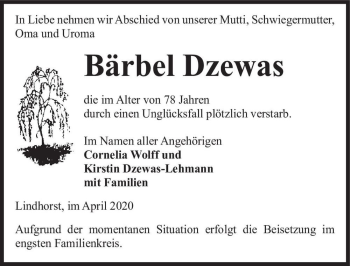 Traueranzeige von Bärbel Dzewas  von Magdeburger Volksstimme