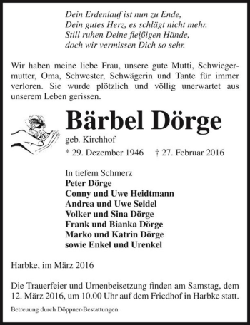 Traueranzeige von Bärbel Dörge (geb. Kirchhof)  von Magdeburger Volksstimme