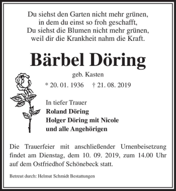 Traueranzeige von Bärbel Döring (geb. Kasten)  von Magdeburger Volksstimme