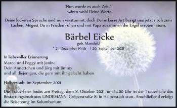 Traueranzeige von Bärbel Eicke (geb. Mansfeld)  von Magdeburger Volksstimme