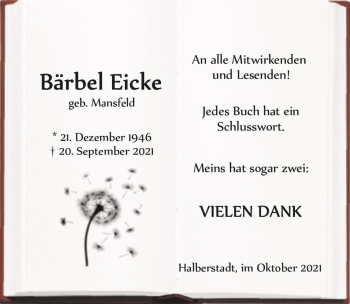 Traueranzeige von Bärbel Eicke (geb. Mansfeld)  von Magdeburger Volksstimme