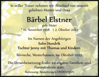 Traueranzeige von Bärbel Elstner (geb. Meier)  von Magdeburger Volksstimme