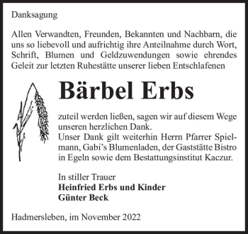 Traueranzeige von Bärbel Erbs  von Magdeburger Volksstimme