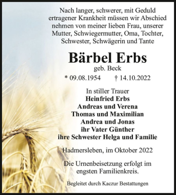 Traueranzeige von Bärbel Erbs (geb. Beck)  von Magdeburger Volksstimme