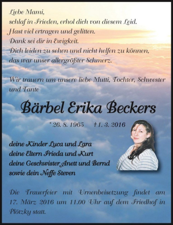 Traueranzeige von Bärbel Erika Beckers  von Magdeburger Volksstimme