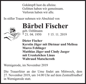 Traueranzeige von Bärbel Fischer (geb. Oehlmann)  von Magdeburger Volksstimme