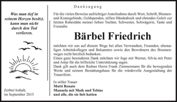 Traueranzeige von Bärbel Friedrich  von Magdeburger Volksstimme