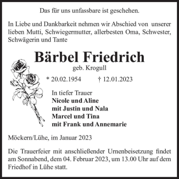 Traueranzeige von Bärbel Friedrich (geb. Krogull)  von Magdeburger Volksstimme