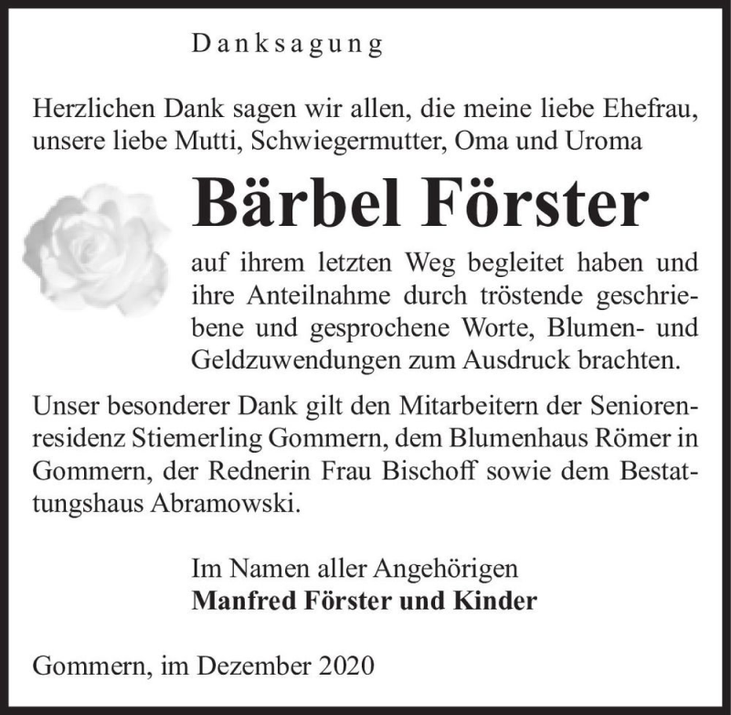 Traueranzeige für Bärbel Förster  vom 19.12.2020 aus Magdeburger Volksstimme