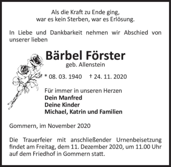 Traueranzeige von Bärbel Förster (geb. Allenstein)  von Magdeburger Volksstimme