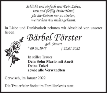 Traueranzeige von Bärbel Förster (geb. Sievert)  von Magdeburger Volksstimme