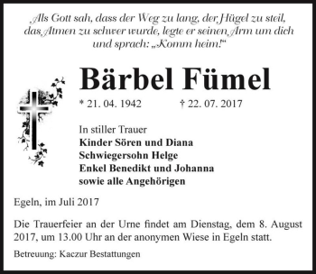 Traueranzeige von Bärbel Fümel  von Magdeburger Volksstimme