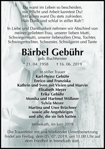 Traueranzeige von Bärbel Gebühr (geb. Buchheister)  von Magdeburger Volksstimme