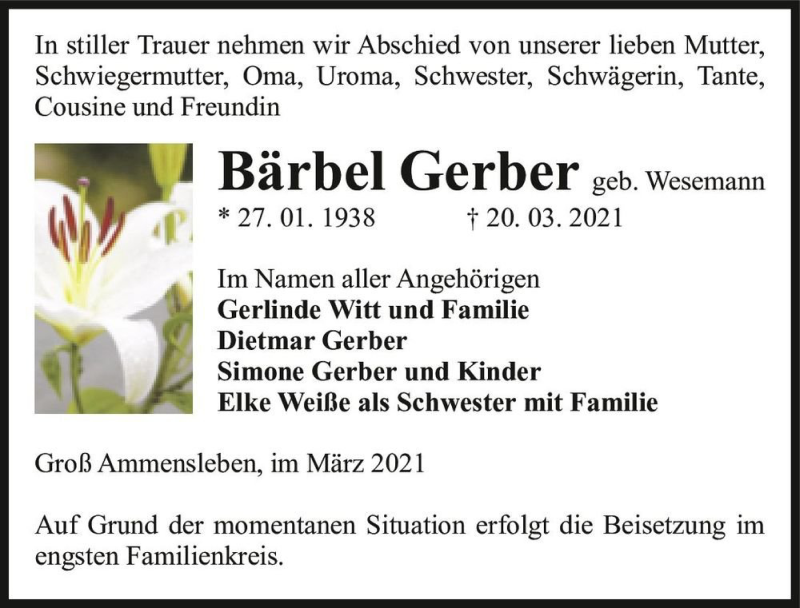  Traueranzeige für Bärbel Gerber (geb. Wesemann)  vom 27.03.2021 aus Magdeburger Volksstimme