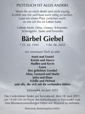 Traueranzeige von Bärbel Giebel  von Magdeburger Volksstimme