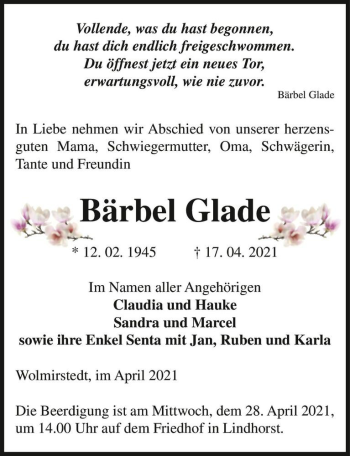Traueranzeige von Bärbel Glade  von Magdeburger Volksstimme