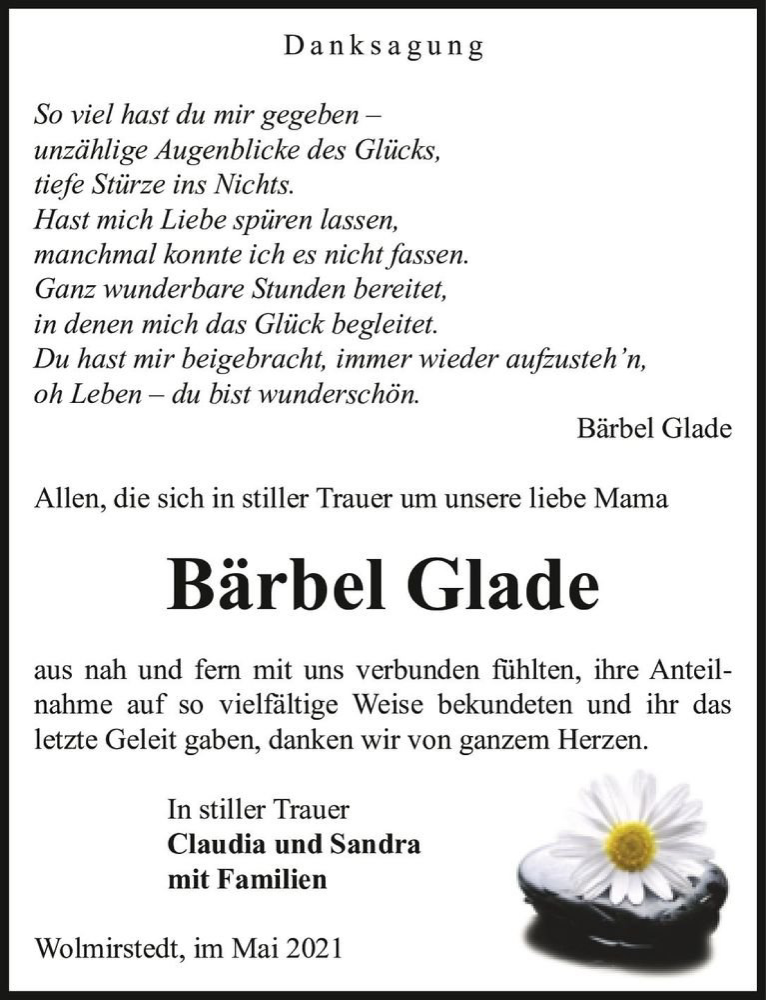  Traueranzeige für Bärbel Glade  vom 08.05.2021 aus Magdeburger Volksstimme