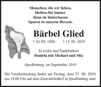 Traueranzeige von Bärbel Glied  von Magdeburger Volksstimme