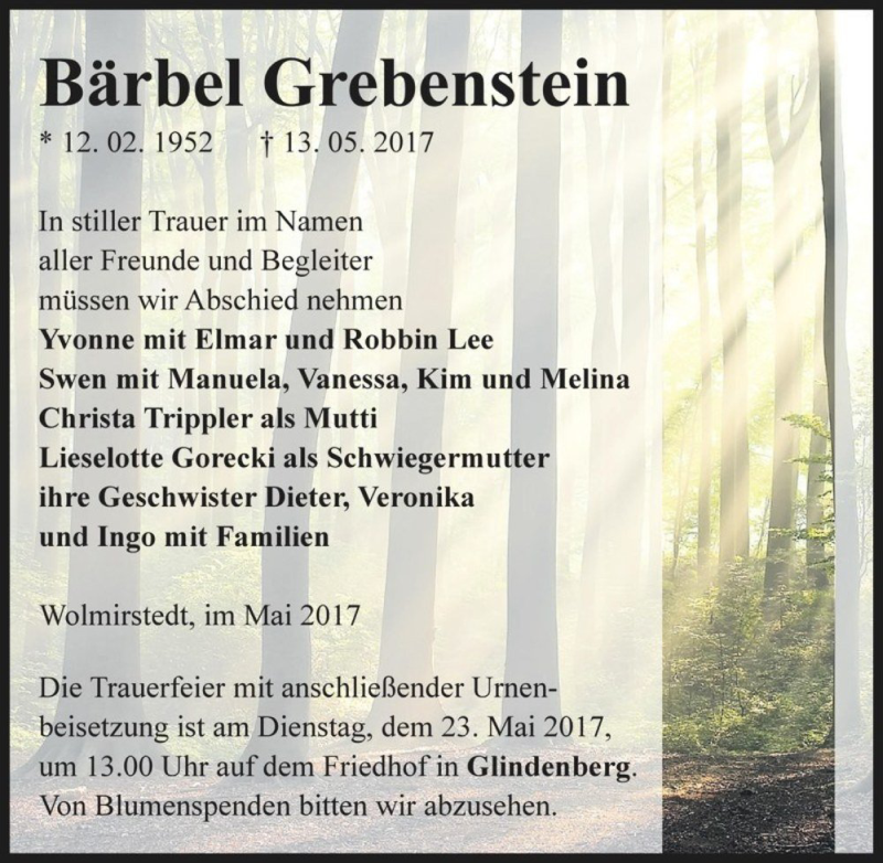  Traueranzeige für Bärbel Grebenstein  vom 19.05.2017 aus Magdeburger Volksstimme